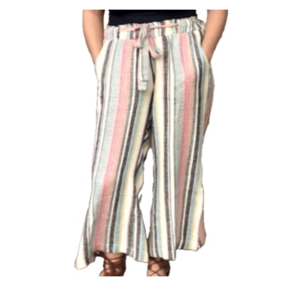 Indigo Rein Linen Blend Stripe Palazzo Wide Leg Pull On Smocked Back Midi Pants - Picture 1 of 5